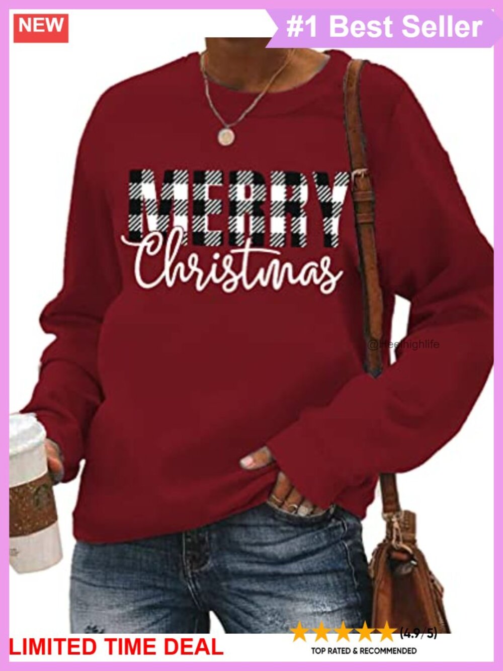 Merry Christmas Plaid Pullover Sweatshirt Womens Holiday Graphic Top